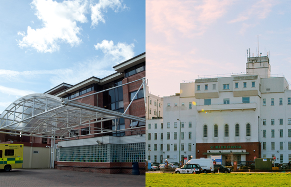 Front of the main hospital buildings at St Helier and the front of our emergency Department at Epsom