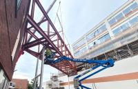 The 18-tonne steel frame for the link bridge has been installed linking Wells Wing with Langley Wing